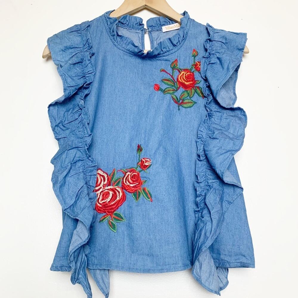 Miao Miao Chambray Floral Embroidered Ruffle Sleeve Women’s Size Small